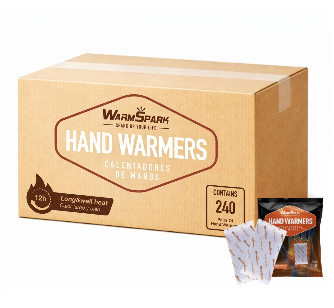 Cases of WarmSpark wholesale hand warmers stacked for distribution
